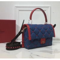 Cheap Valentino Candystud Medium Top Handle Bag 0055 Denim Blue/Leather Red 2019