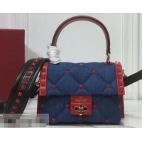 Shop Duplicate Valentino Candystud Mini Top Handle Bag 0033 Denim Blue/Leather Red 2019