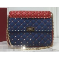 Best Price Valentino Medium Rockstud Spike Chain Bag 0122 Denim Blue/Leather Red 2019