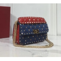 Best Valentino Small Rockstud Spike Chain Bag 0123 Denim Blue/Leather Red 2019