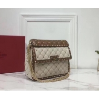 Fashion Valentino Medium Rockstud Spike Chain Bag 0122 Canvas White/Leather Brown 2019