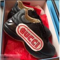 Classic Gucci Rhyton Leather Sneakers 708012 Logo Print Black 2019