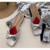 Good Quality Gucci Front Knot Leather Slide Sandals 577231 Metallic Silver 2019