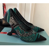 Shop Cheap Prada Angled Heel 9cm Geometric Pattern Jacquard Knit Fabric Pumps 709030 Green 2019