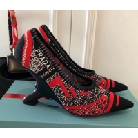 Classic Hot Prada Angled Heel 9cm Geometric Pattern Jacquard Knit Fabric Pumps 709030 Red 2019