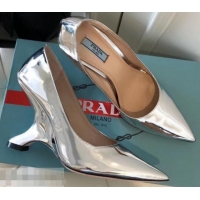 Modern Prada Angled Heel 9cm Leather Pumps 709035 Metallic Silver 2019