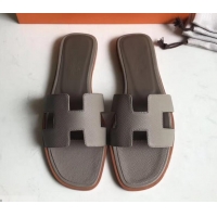 Affordable Price Hermes Oran Flat slippers in epsom leather H701020 elephant gray with brown piping