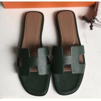 New Design Hermes Oran Flat slippers in epsom leather H701020 dark green/brown