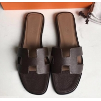 Best Price Hermes Oran Flat slippers in epsom leather H701020 dark coffee/brown