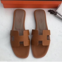 Most Popular Hermes Oran Flat slippers in epsom leather H701020 camel/brown