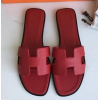 Super Quality Hermes Oran Flat slippers in epsom leather red with black piping H701026