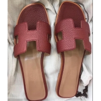 Luxury Hermes Oran Flat Slipper Sandals in Togo Leather H701030 Burgundy