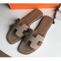 Discount Design Hermes Oran Flat Slipper Sandals in Togo Leather H701030 Light Camel/Brown