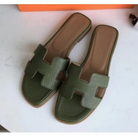 Promotion Hermes Oran Flat Slipper Sandals in Togo Leather H701030 Olive Green