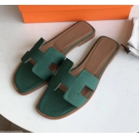 Best Quality Hermes Oran Flat Slipper Sandals in Togo Leather H701030 Green