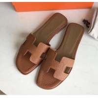 Fashion Hermes Oran Flat Slipper Sandals in Togo Leather H701030 Brown