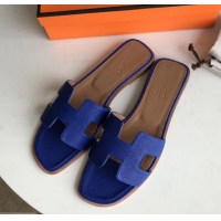 Unique Style Hermes Oran Flat Slipper Sandals in Togo Leather H701030 Blue