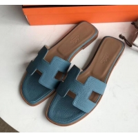 Luxury Hermes Oran Flat Slipper Sandals in Togo Leather H701030 Denim Blue