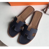 Good Quality Hermes Oran Flat Slipper Sandals in Togo Leather H701030 Dark Blue