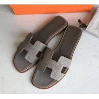 Top Grade Hermes Oran Flat Slipper Sandals in Togo Leather H701030 Light Gray