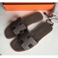 Pretty Style Hermes Oran Flat Slipper Sandals in Togo Leather H701030 Etoupe