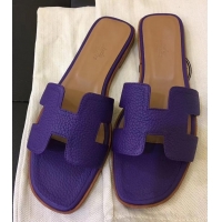 Best Grade Hermes Oran Flat Slipper Sandals in Togo Leather H701030 Purple