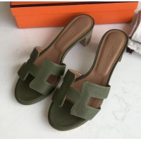 Luxury Style Hermes Heel 5cm Oasis Slipper Sandals in Togo Leather H701031 Olive Green