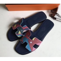 Hot Style Hermes Print Oran Flat Slipper Sandals H701038 Dark Blue