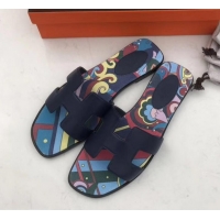 Best Grade Hermes Print Oran Flat Slipper Sandals H701038 Black