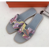 Unique Style Hermes Print Oran Flat Slipper Sandals H701038 Light Gray