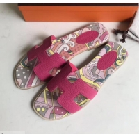 Good Quality Hermes Print Oran Flat Slipper Sandals H701038 Fuchsia