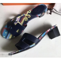 Grade Quality Hermes Heel 5cm Print Oasis Slipper Sandals H701040 Dark Blue