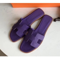 Durable Hermes Oran Flat slippers in epsom leather Violet with brown piping H701043