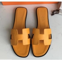 1:1 aaaaa Hermes Oran Flat slippers in epsom leather yellow with black piping H701048