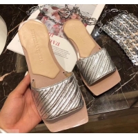 Pretty Style Bottega Veneta Square Tot Flat Slides Sandals Folded Leather 525761 Silver 2019