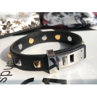 Discount Hermes Studs Leather Bracelet with Silver Buckle 721125 Black