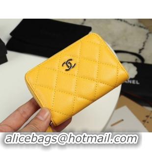 Low Price Chanel classic card holder Grained Calfskin & silver-Tone Metal A69271 yellow