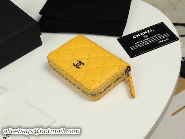 Low Price Chanel classic card holder Grained Calfskin & silver-Tone Metal A69271 yellow