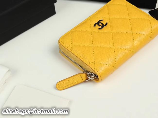 Low Price Chanel classic card holder Grained Calfskin & silver-Tone Metal A69271 yellow