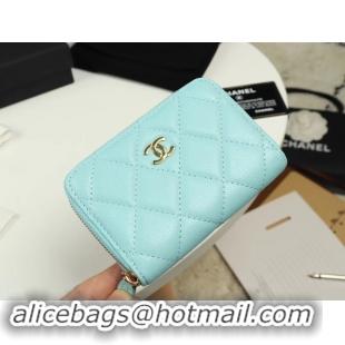 Luxury Chanel classic card holder Grained Calfskin & Gold-Tone Metal A69271 sky Blue