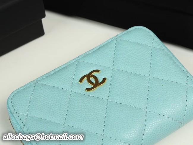 Luxury Chanel classic card holder Grained Calfskin & Gold-Tone Metal A69271 sky Blue