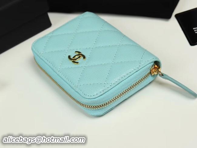 Luxury Chanel classic card holder Grained Calfskin & Gold-Tone Metal A69271 sky Blue