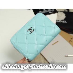 Stylish Chanel classic card holder Grained Calfskin & silver-Tone Metal A69271 sky Blue