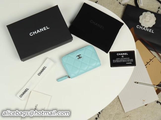 Stylish Chanel classic card holder Grained Calfskin & silver-Tone Metal A69271 sky Blue