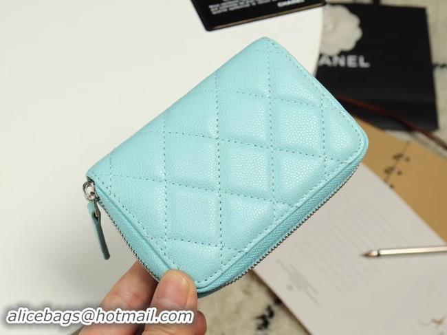 Stylish Chanel classic card holder Grained Calfskin & silver-Tone Metal A69271 sky Blue