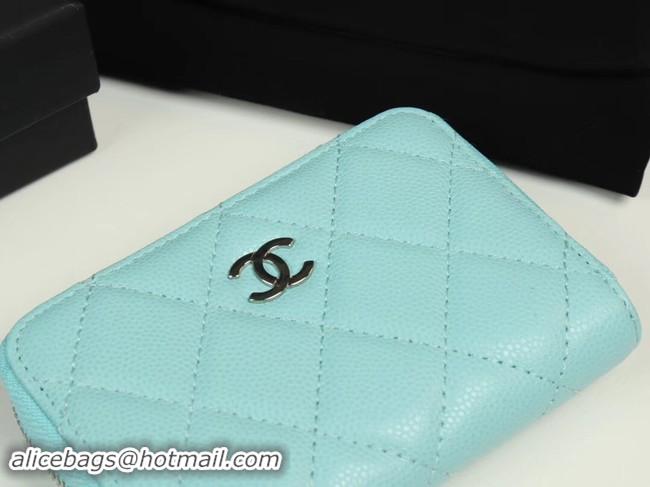 Stylish Chanel classic card holder Grained Calfskin & silver-Tone Metal A69271 sky Blue