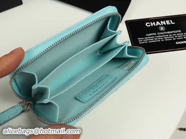 Stylish Chanel classic card holder Grained Calfskin & silver-Tone Metal A69271 sky Blue