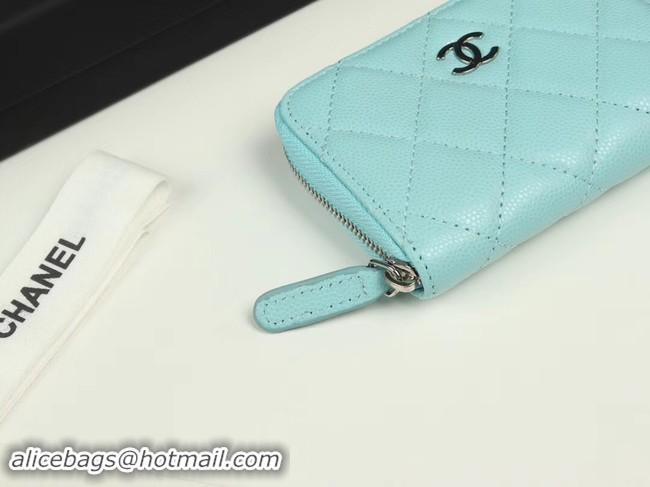 Stylish Chanel classic card holder Grained Calfskin & silver-Tone Metal A69271 sky Blue