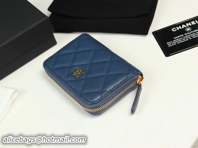 Charming Chanel classic card holder Grained Calfskin & Gold-Tone Metal A69271 dark Blue