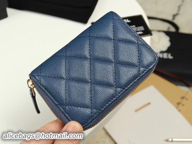 Charming Chanel classic card holder Grained Calfskin & Gold-Tone Metal A69271 dark Blue